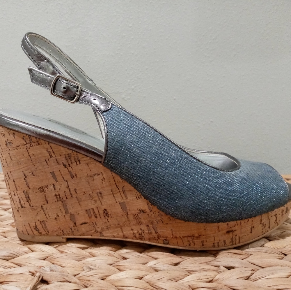 Bandolino Blue Peep-Toe Cork Wedge Sandals